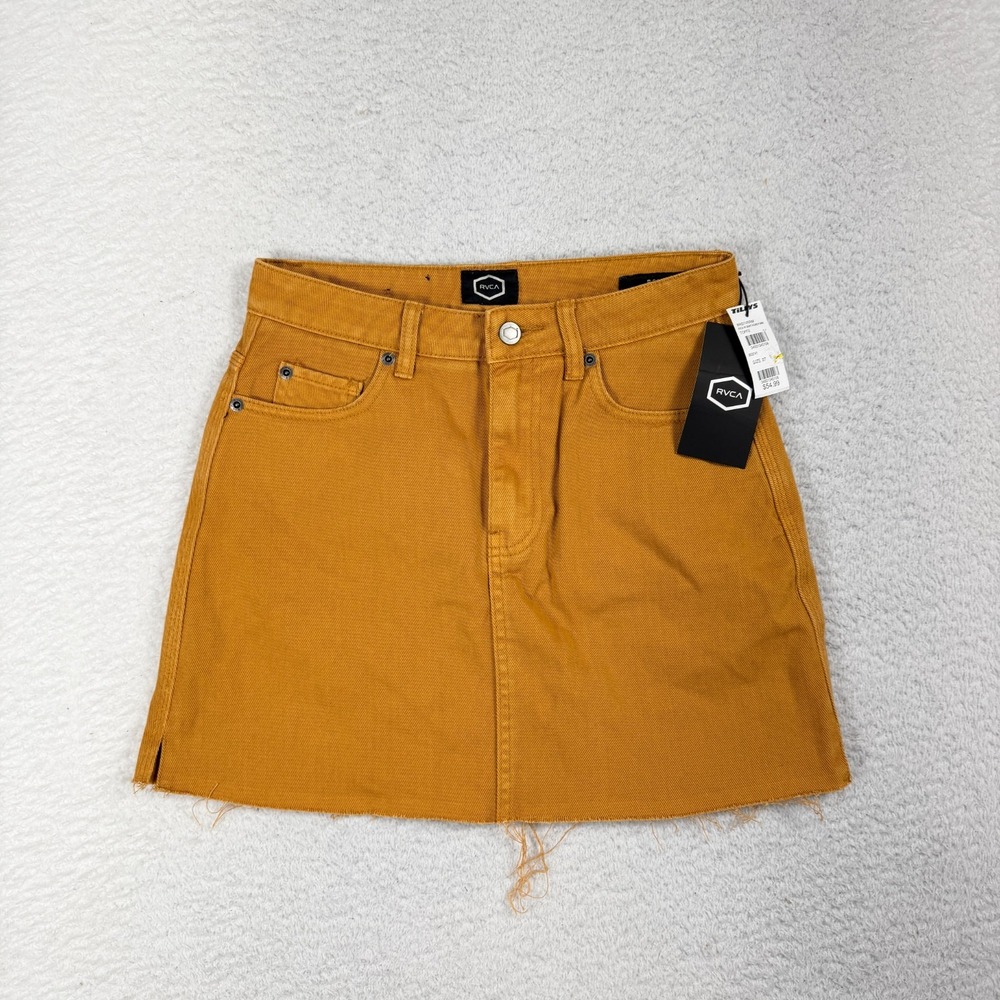 RVCA Rowdy NWT Womens Raw Hem Denim Mini Skirt Brown Sz 27 27" Waist Hippie NEW
